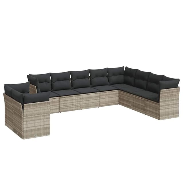 vidaXL 10-Tlg Garten-Sofagarnitur mit Kissen Hellgrau Poly Rattan 3249701