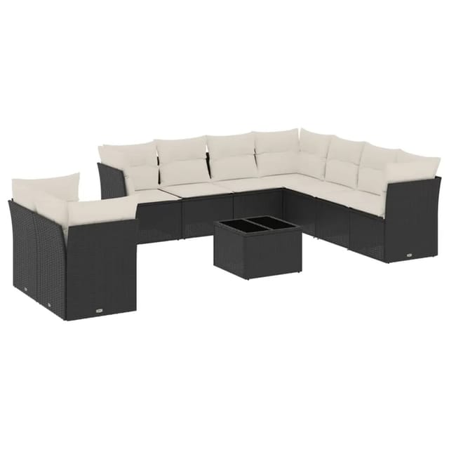 vidaXL 10-Tlg Garten-Sofagarnitur mit Kissen Schwarz Poly Rattan 3249685