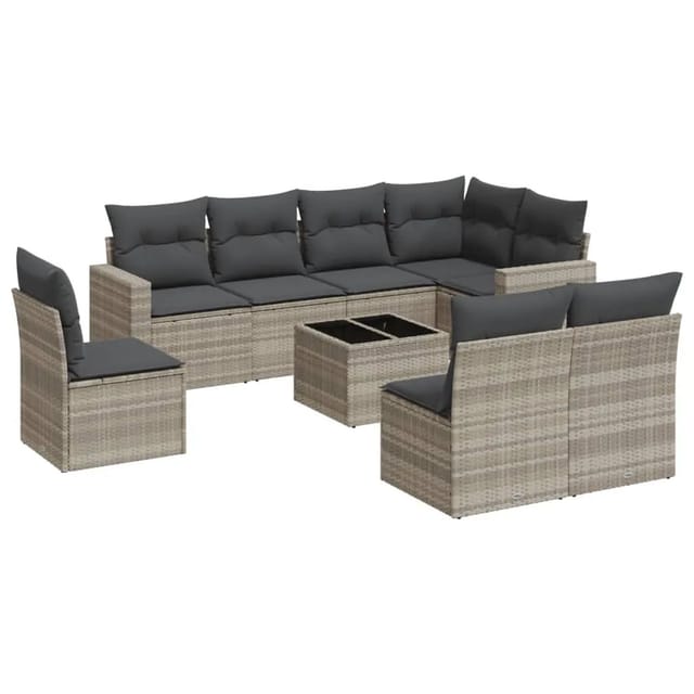 vidaXL 9-Tlg Garten-Sofagarnitur mit Kissen Hellgrau Poly Rattan 3219072