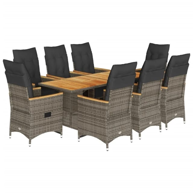 vidaXL 9-Tlg Garten-Bistro-Set mit Kissen Grau Poly Rattan 3276974