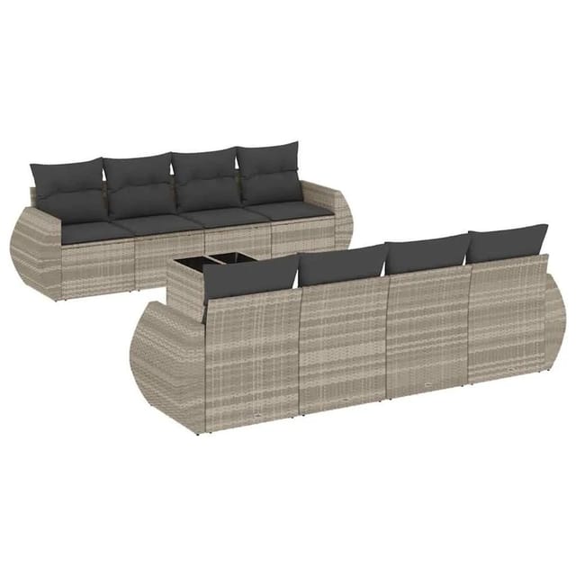 vidaXL 9-Tlg Garten-Sofagarnitur mit Kissen Hellgrau Poly Rattan 3221151