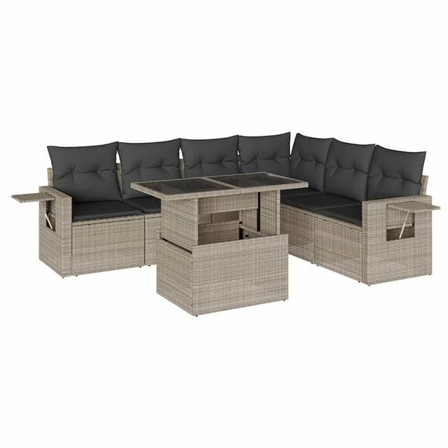 vidaXL 7-Tlg Garten-Sofagarnitur mit Kissen Hellgrau Poly Rattan 3267932