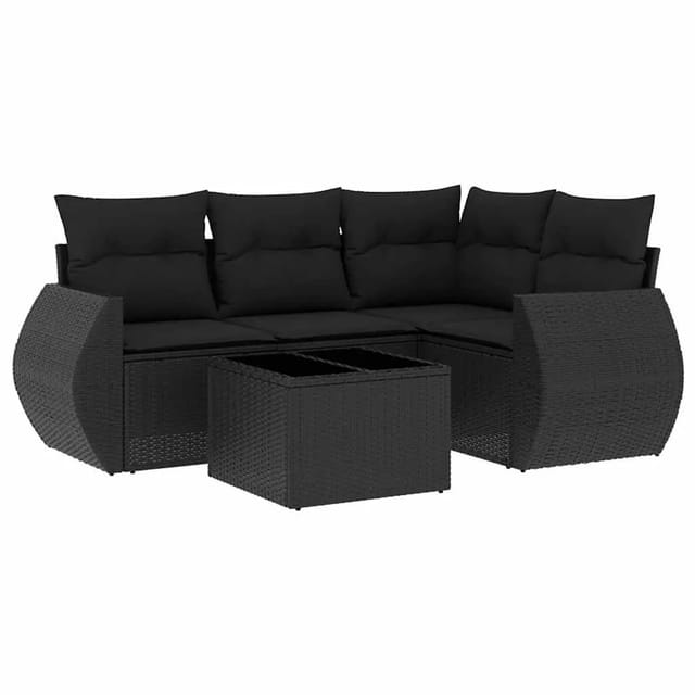 vidaXL 5-Tlg Garten-Sofagarnitur mit Kissen Schwarz Poly Rattan 3253652