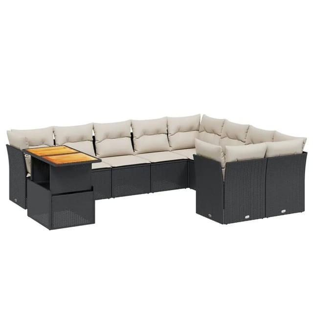 vidaXL 10-Tlg Garten-Sofagarnitur mit Kissen Schwarz Poly Rattan 3271014