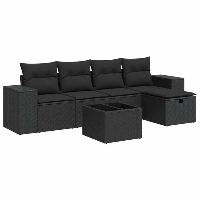 vidaXL 6-Tlg Garten-Sofagarnitur mit Kissen Schwarz Poly Rattan 3325671