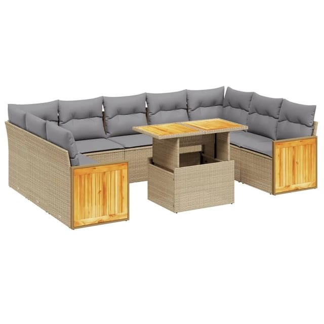 vidaXL 10-Tlg Garten-Sofagarnitur mit Kissen Beige Poly Rattan 3274104