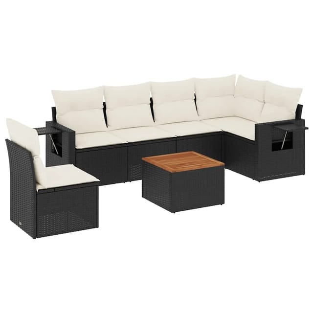 vidaXL 7-Tlg Garten-Sofagarnitur mit Kissen Schwarz Poly Rattan 3256917
