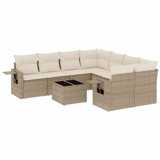 vidaXL 9-Tlg Garten-Sofagarnitur mit Kissen Beige Poly Rattan 3219957