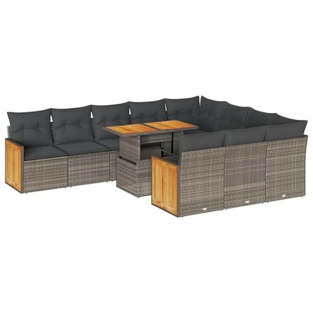 vidaXL 11-Tlg Garten-Sofagarnitur mit Kissen Grau Poly Rattan Akazie 3327763