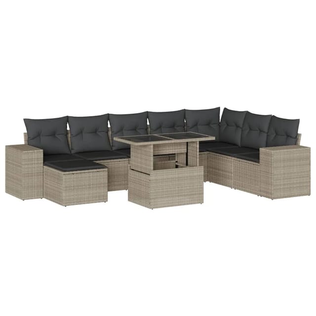 vidaXL 9-Tlg Garten-Sofagarnitur mit Kissen Hellgrau Poly Rattan 3269362