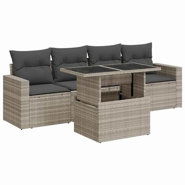 vidaXL 5-Tlg Garten-Sofagarnitur mit Kissen Hellgrau Poly Rattan 3326243