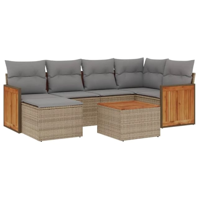 vidaXL 7-Tlg Garten-Sofagarnitur mit Kissen Beige Poly Rattan 3260267