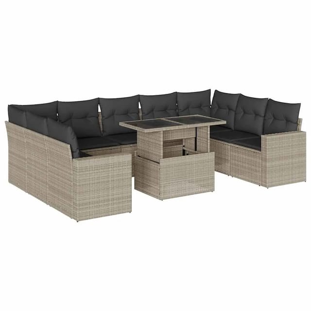 vidaXL 10-Tlg Garten-Sofagarnitur mit Kissen Hellgrau Poly Rattan 3267482