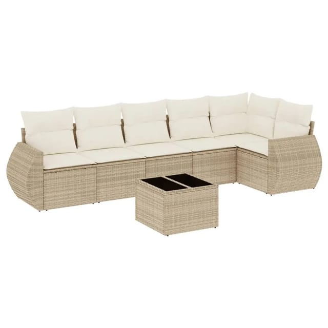 vidaXL 7-Tlg Garten-Sofagarnitur mit Kissen Beige Poly Rattan 3253735
