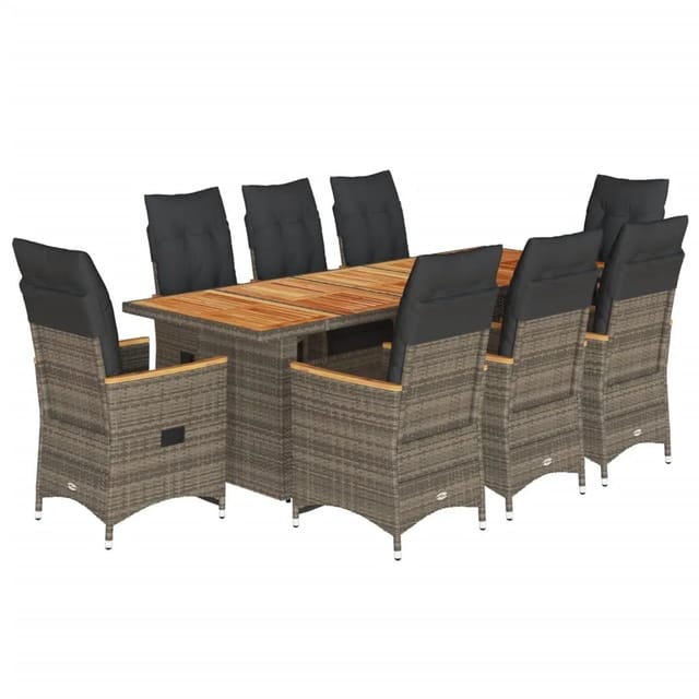 vidaXL 9-Tlg Garten-Bistro-Set mit Kissen Grau Poly Rattan 3277269