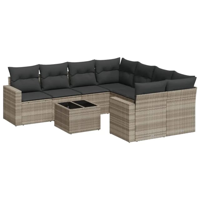 vidaXL 9-Tlg Garten-Sofagarnitur mit Kissen Hellgrau Poly Rattan 3218752