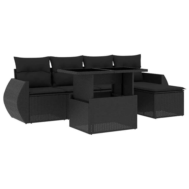 vidaXL 6-Tlg Garten-Sofagarnitur mit Kissen Schwarz Poly Rattan 3268495