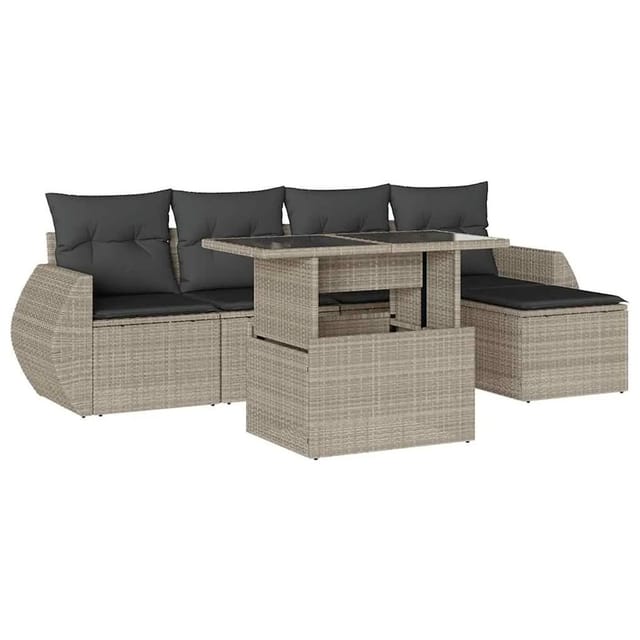 vidaXL 6-Tlg Garten-Sofagarnitur mit Kissen Hellgrau Poly Rattan 3268502