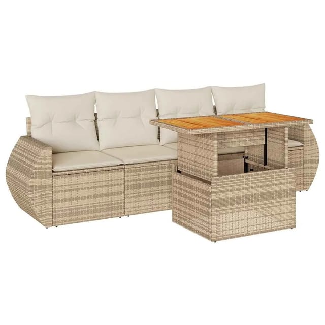 vidaXL 5-Tlg Garten-Sofagarnitur mit Kissen Beige Poly Rattan 3327208