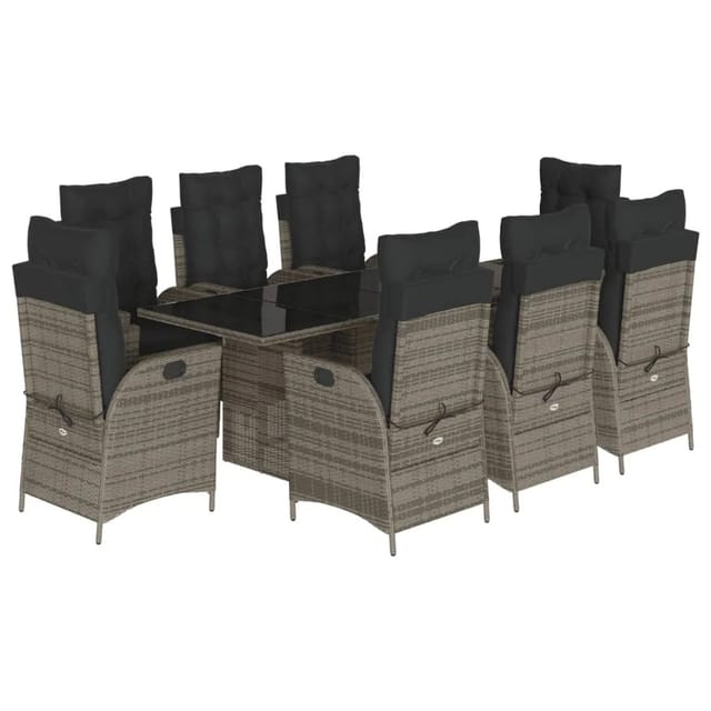 vidaXL 9-Tlg Garten-Essgruppe mit Kissen Grau Poly Rattan 3213122