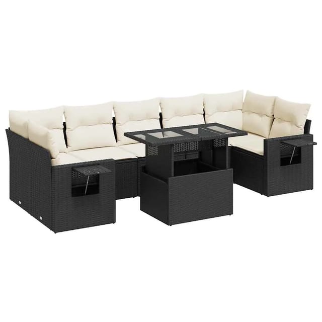 vidaXL 8-Tlg Garten-Sofagarnitur mit Kissen Schwarz Poly Rattan 3326437