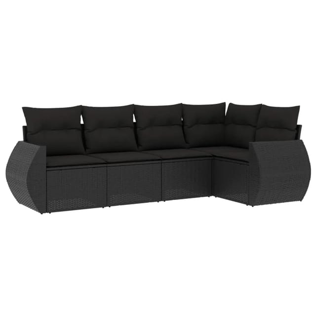 vidaXL 5-Tlg Garten-Sofagarnitur mit Kissen Schwarz Poly Rattan 3221324
