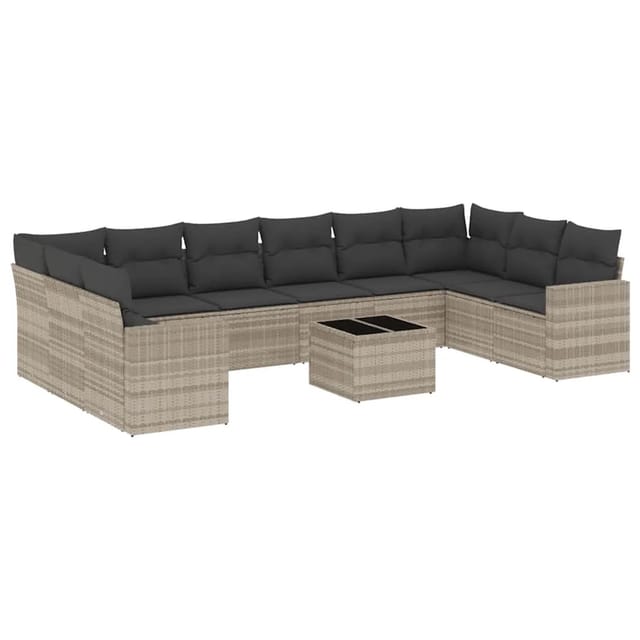vidaXL 11-Tlg Garten-Sofagarnitur mit Kissen Hellgrau Poly Rattan 3219472
