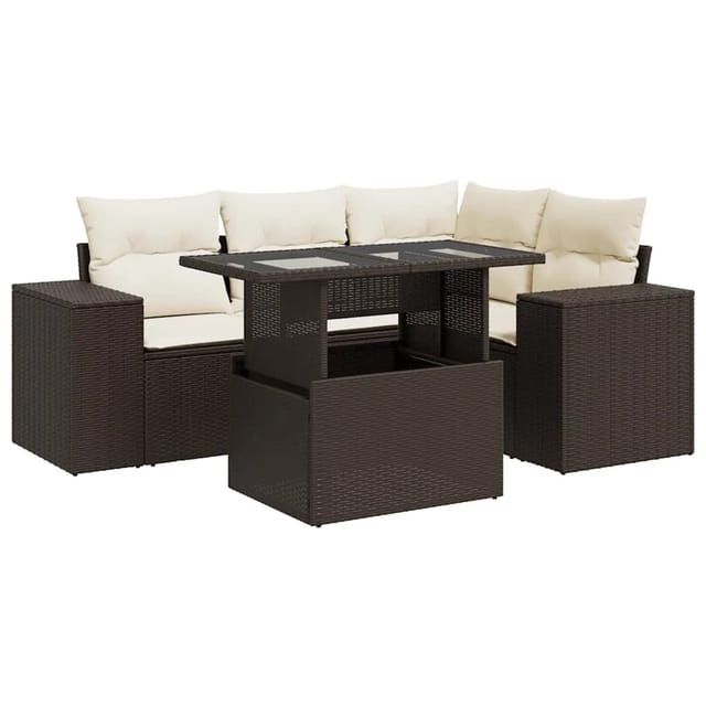 vidaXL 5-Tlg Garten-Sofagarnitur mit Kissen Braun Poly Rattan 3326794