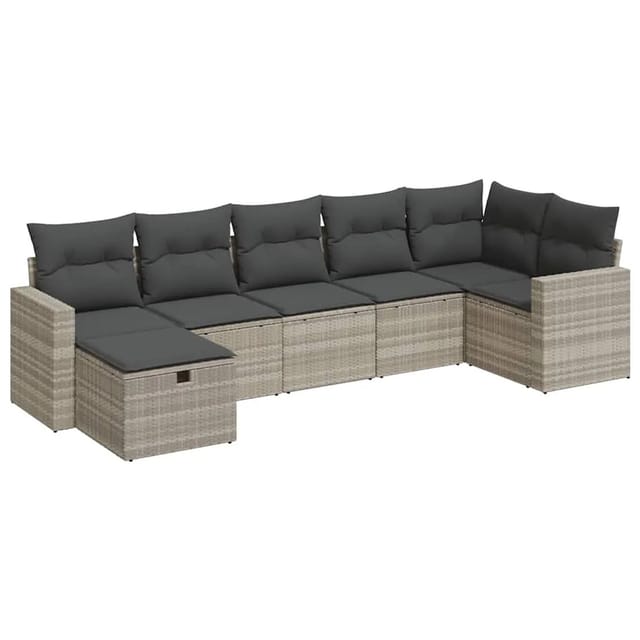 vidaXL 7-Tlg Garten-Sofagarnitur mit Kissen Hellgrau Poly Rattan 3325408