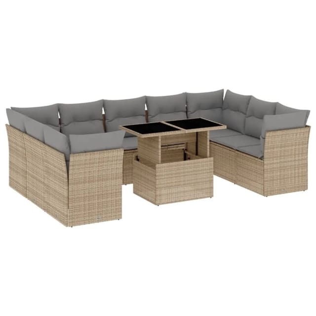 vidaXL 10-Tlg Garten-Sofagarnitur mit Kissen Beige Poly Rattan 3266819