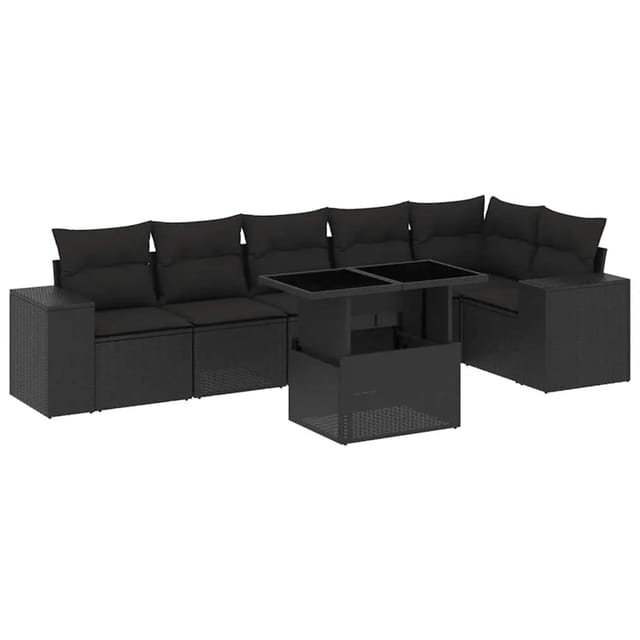 vidaXL 7-Tlg Garten-Sofagarnitur mit Kissen Schwarz Poly Rattan 3269175