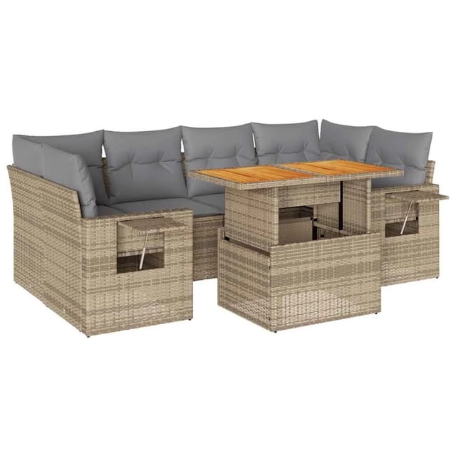 vidaXL 7-Tlg Garten-Sofagarnitur mit Kissen Beige Poly Rattan 3327118