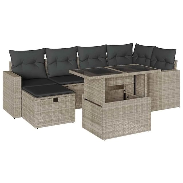 vidaXL 7-Tlg Garten-Sofagarnitur mit Kissen Hellgrau Poly Rattan 3274822