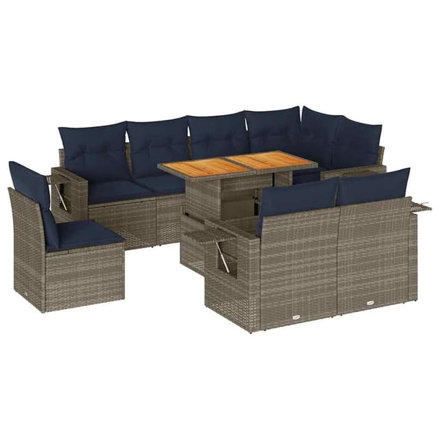 vidaXL 9-Tlg Garten-Sofagarnitur mit Kissen Grau Poly Rattan 3327169