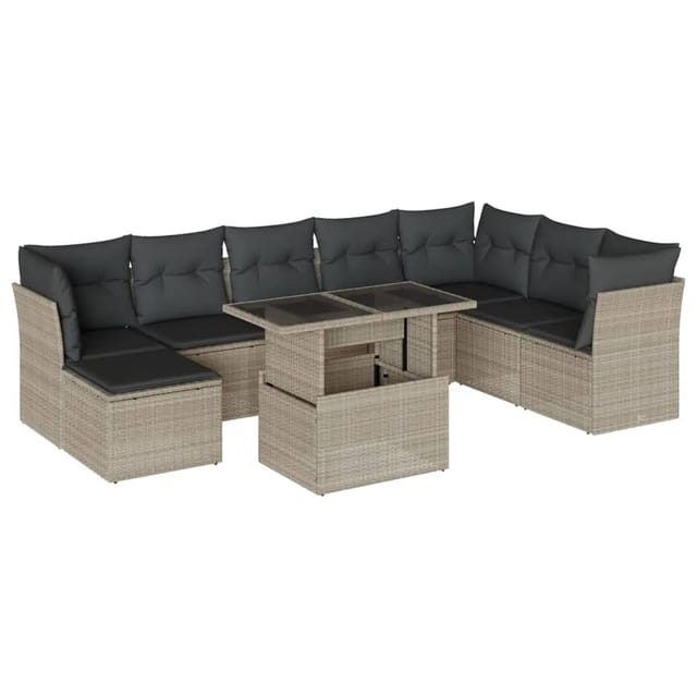 vidaXL 9-Tlg Garten-Sofagarnitur mit Kissen Hellgrau Poly Rattan 3266792