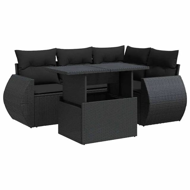 vidaXL 5-Tlg Garten-Sofagarnitur mit Kissen Schwarz Poly Rattan 3326626