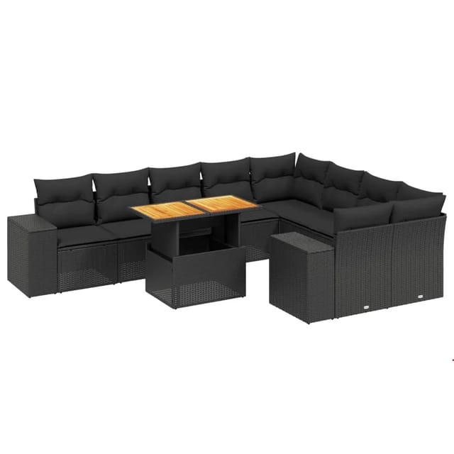 vidaXL 10-Tlg Garten-Sofagarnitur mit Kissen Schwarz Poly Rattan 3272791