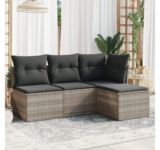 vidaXL 4-Tlg Garten-Sofagarnitur mit Kissen Hellgrau Poly Rattan 3249341