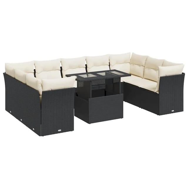 vidaXL 10-Tlg Garten-Sofagarnitur mit Kissen Schwarz Poly Rattan 3326217