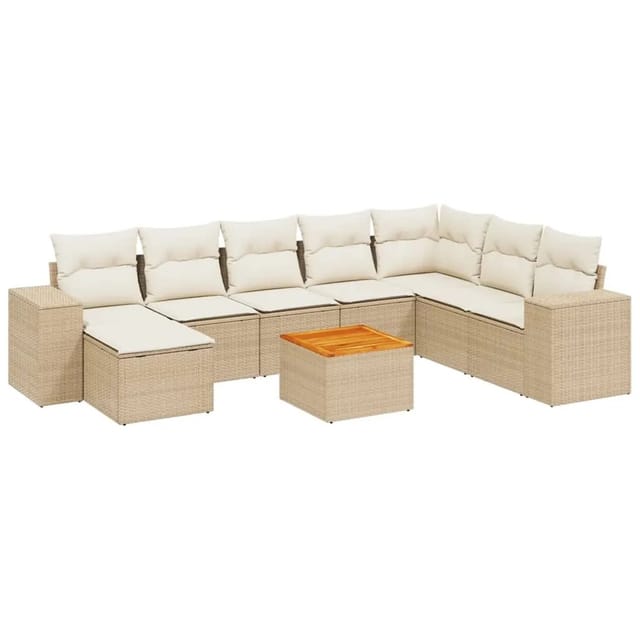 vidaXL 9-Tlg Garten-Sofagarnitur mit Kissen Beige Poly Rattan 3225582