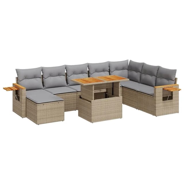 vidaXL 9-Tlg Garten-Sofagarnitur mit Kissen Beige Poly Rattan Akazie 3327636