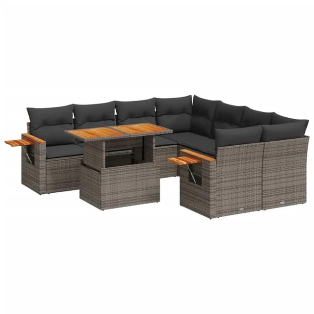 vidaXL 9-Tlg Garten-Sofagarnitur mit Kissen Grau Poly Rattan 3273447