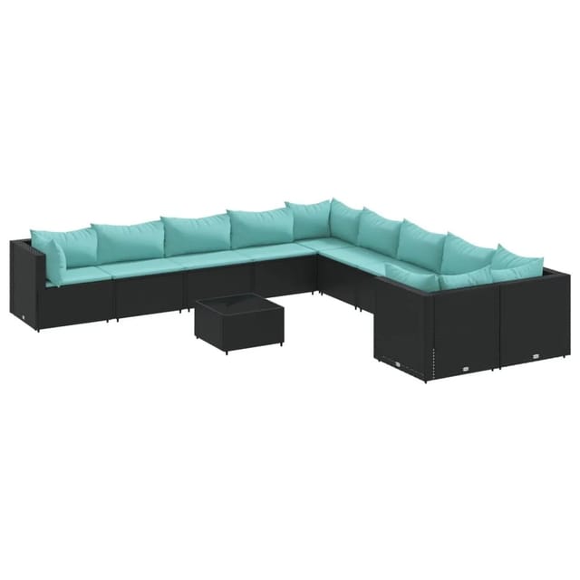 vidaXL 11-Tlg Garten-Sofagarnitur mit Kissen Schwarz Poly Rattan 3308356
