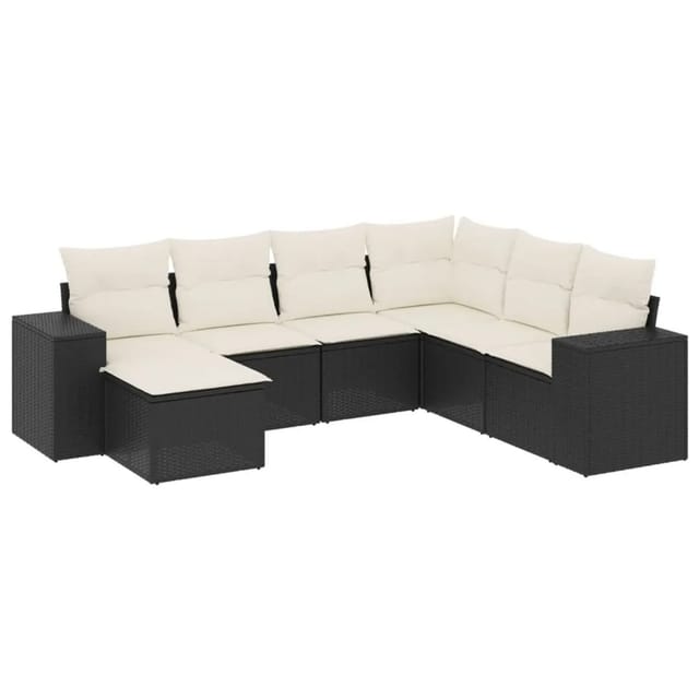 vidaXL 7-Tlg Garten-Sofagarnitur mit Kissen Schwarz Poly Rattan 3222895