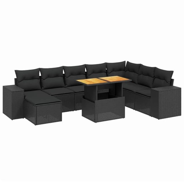 vidaXL 9-Tlg Garten-Sofagarnitur mit Kissen Schwarz Poly Rattan 3275960
