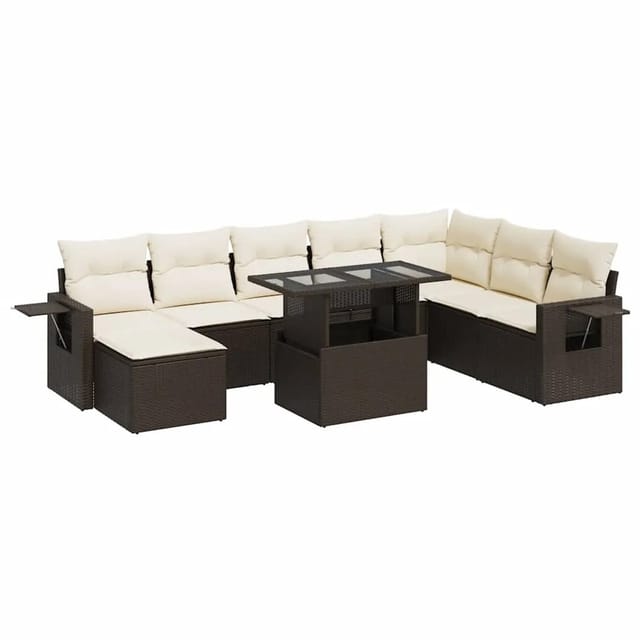 vidaXL 9-Tlg Garten-Sofagarnitur mit Kissen Braun Poly Rattan 3326534