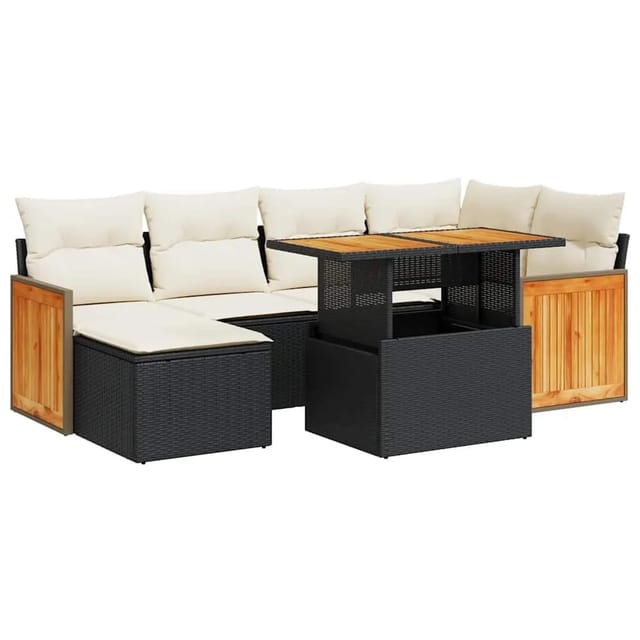 vidaXL 7-Tlg Garten-Sofagarnitur mit Kissen Schwarz Poly Rattan 3327731