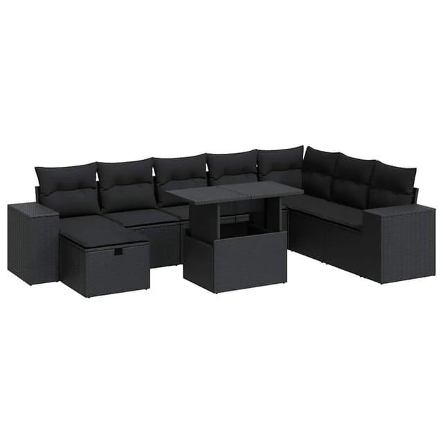 vidaXL 9-Tlg Garten-Sofagarnitur mit Kissen Schwarz Poly Rattan 3327955