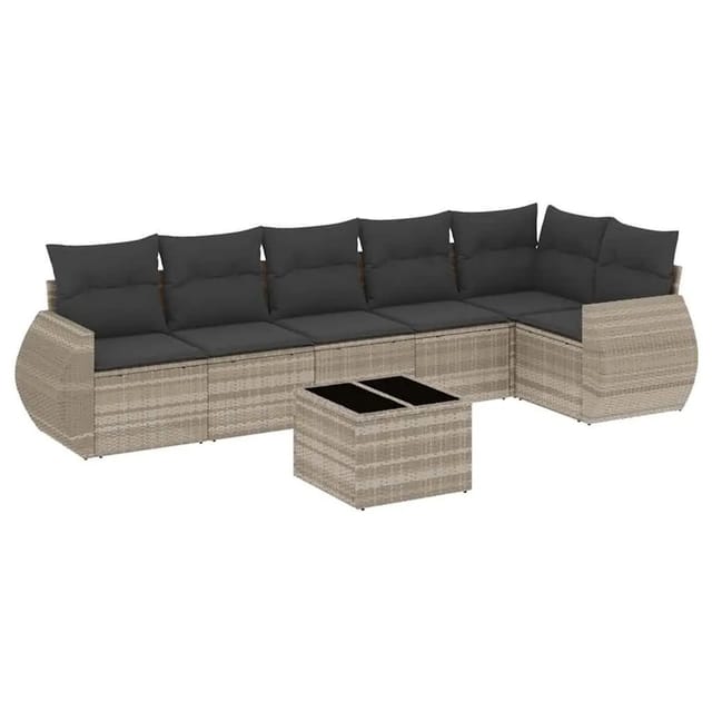 vidaXL 7-Tlg Garten-Sofagarnitur mit Kissen Hellgrau Poly Rattan 3221401