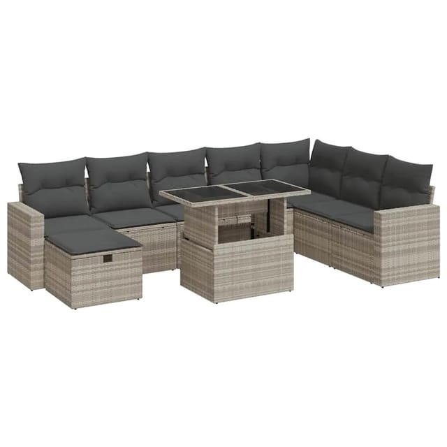vidaXL 9-Tlg Garten-Sofagarnitur mit Kissen Hellgrau Poly Rattan 3327842